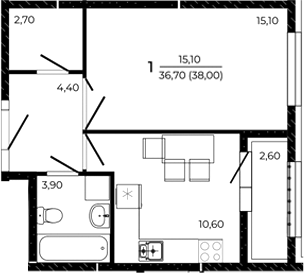 Планировка — Притяжение, 1-комн., 37 м²