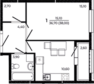 Планировка — Притяжение, 1-комн., 37 м²