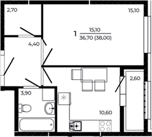 Планировка — Притяжение, 1-комн., 37 м²