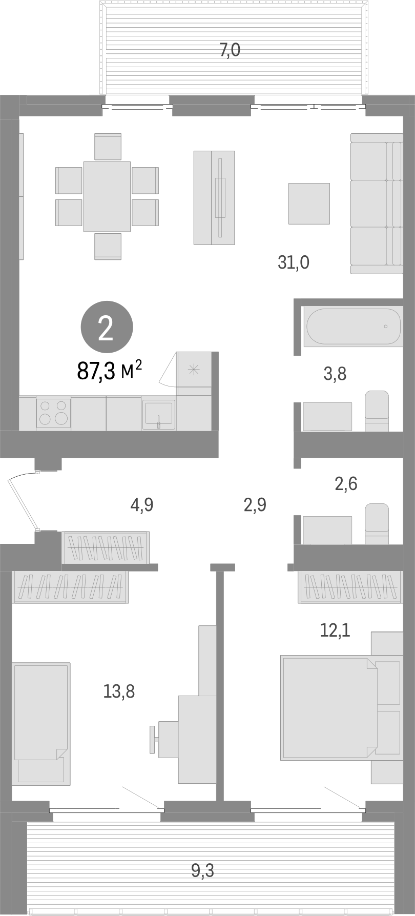 Планировка — Пшеница, 3-комн., 71 м²