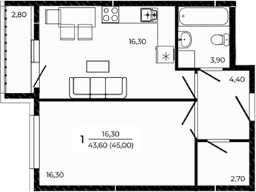 Планировка — Притяжение, 1-комн., 44 м²