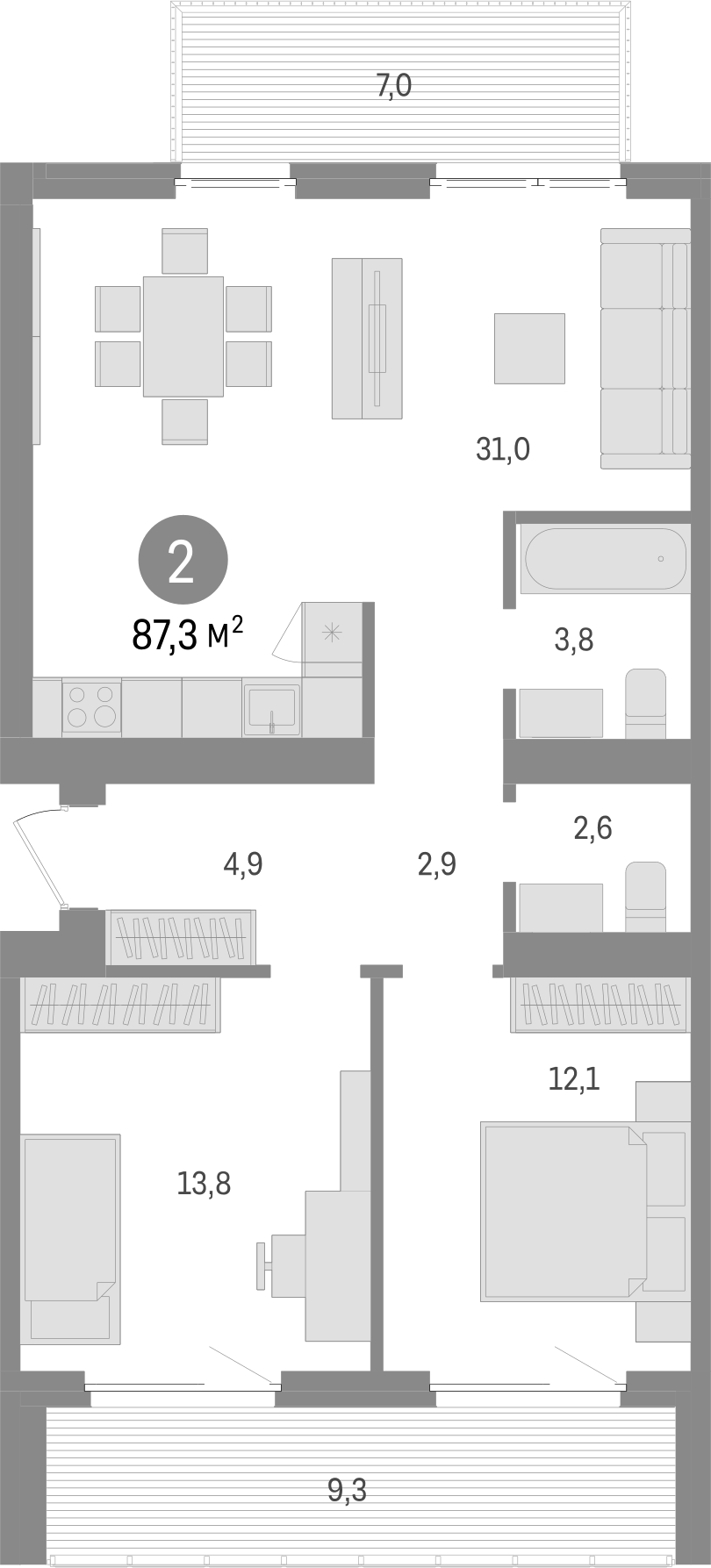 Планировка — Пшеница, 3-комн., 71 м²