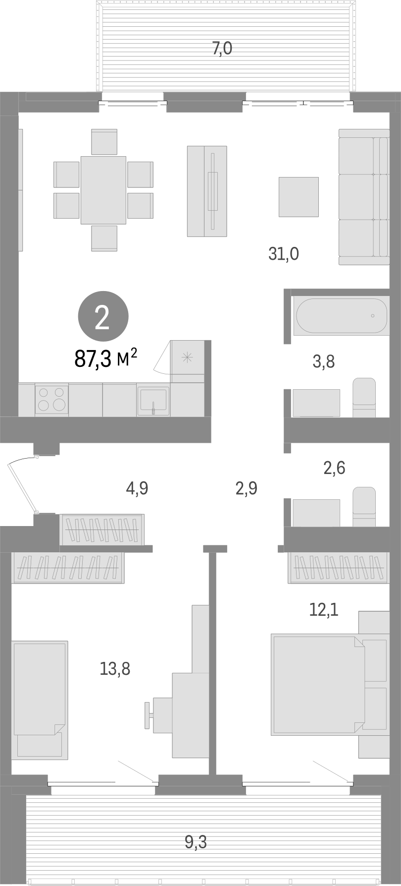 Планировка — Пшеница, 3-комн., 71 м²