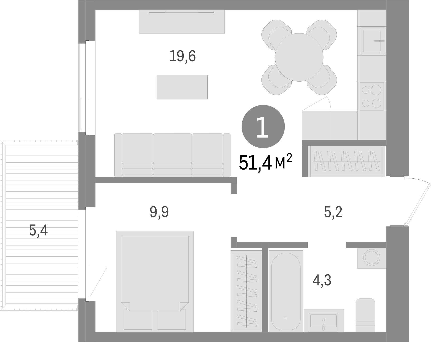 Планировка — Пшеница, 2-комн., 39 м²