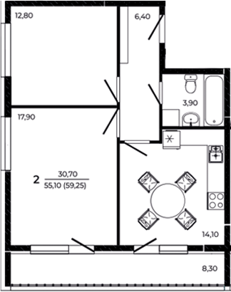 Планировка — Притяжение, 2-комн., 55 м²