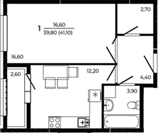 Планировка — Притяжение, 1-комн., 40 м²