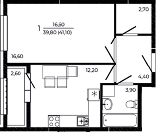 Планировка — Притяжение, 1-комн., 40 м²