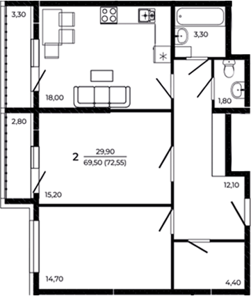 Планировка — Притяжение, 2-комн., 70 м²