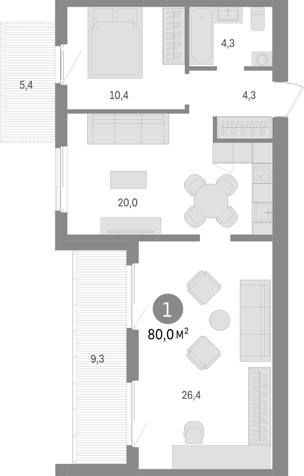 Планировка — Пшеница, 2-комн., 65 м²