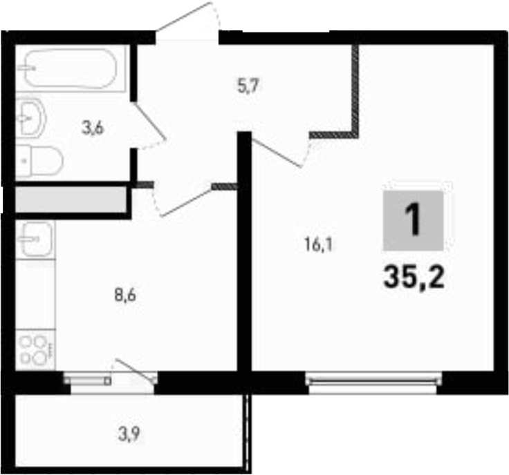 Планировка — 5 элемент Аске, 1-комн., 34 м²