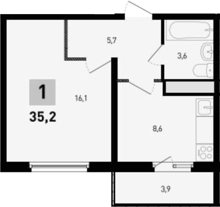 Планировка — 5 элемент Аске, 1-комн., 34 м²