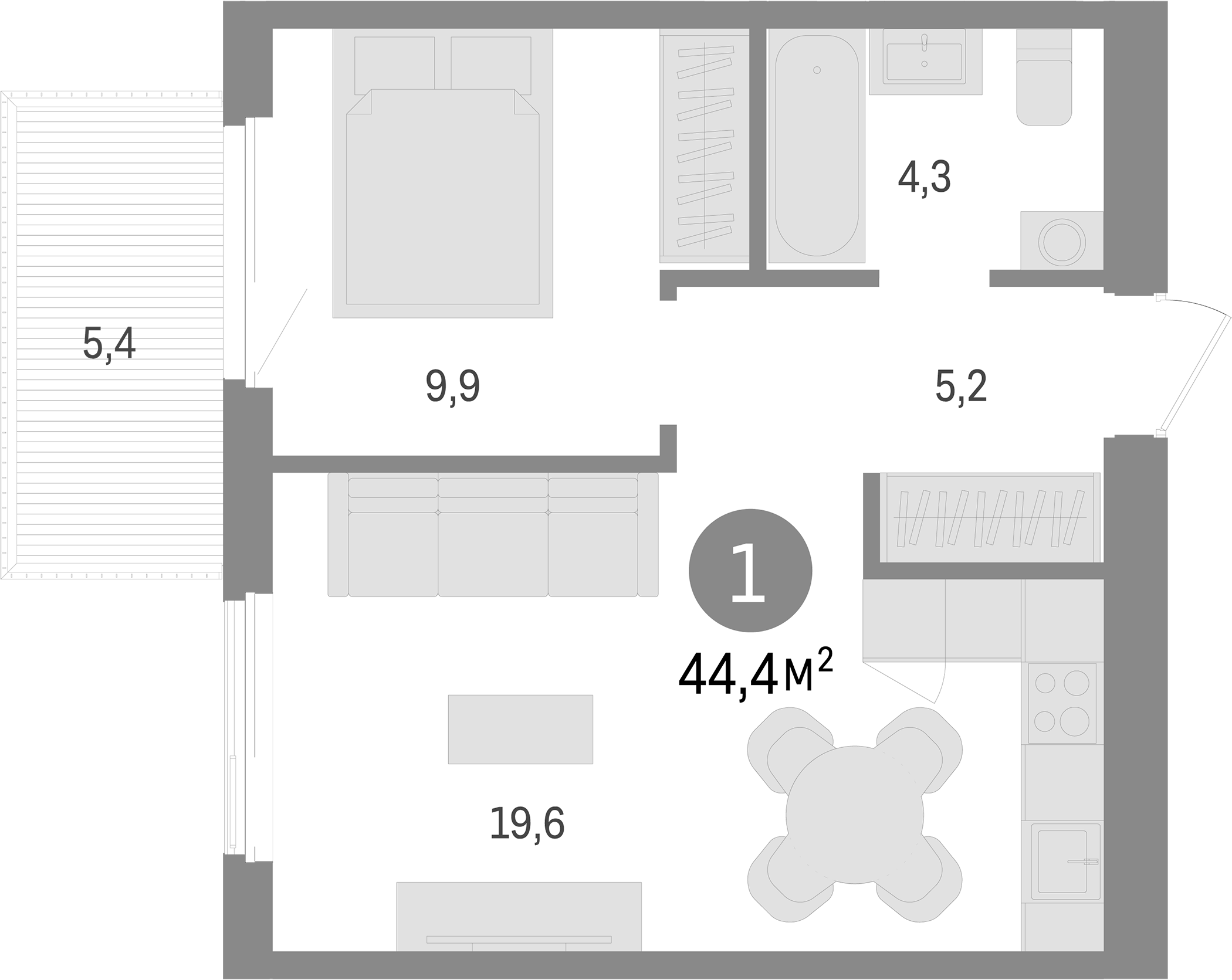 Планировка — Пшеница, 2-комн., 39 м²