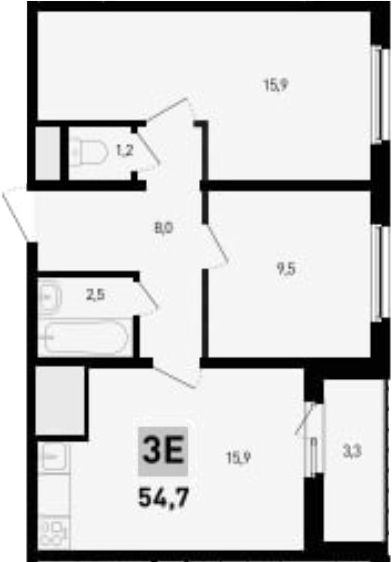 Планировка — 5 элемент Аске, 3-комн., 53 м²