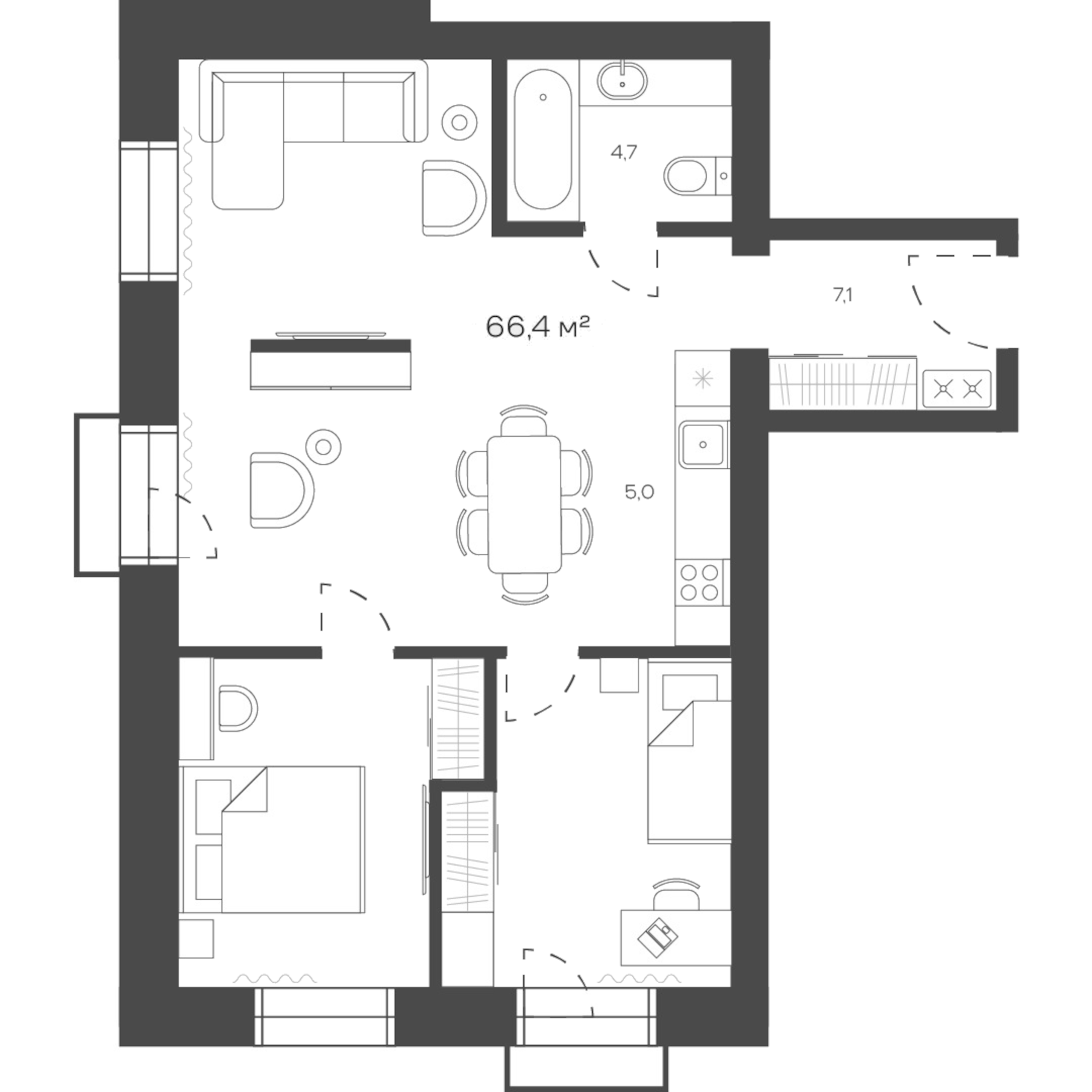 Планировка — Freedom Village, 1-комн., 66 м²