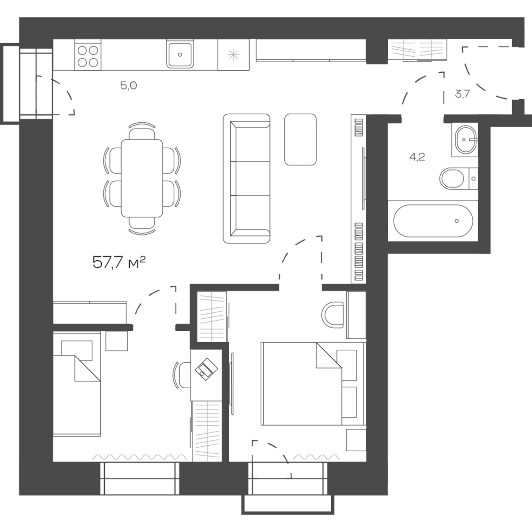 Планировка — Freedom Village, 1-комн., 58 м²