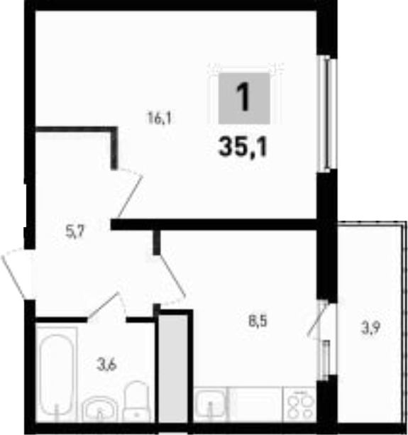 Планировка — 5 элемент Аске, 1-комн., 34 м²