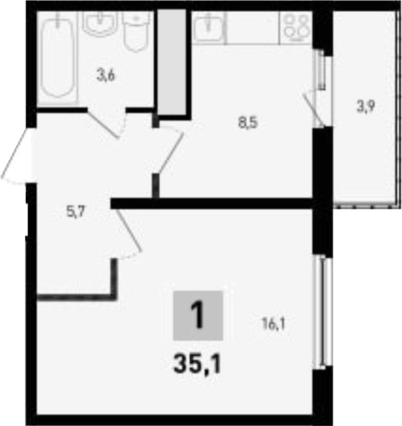 Планировка — 5 элемент Аске, 1-комн., 34 м²
