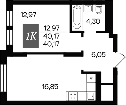 Планировка — Роза ветров, 1-комн., 40 м²