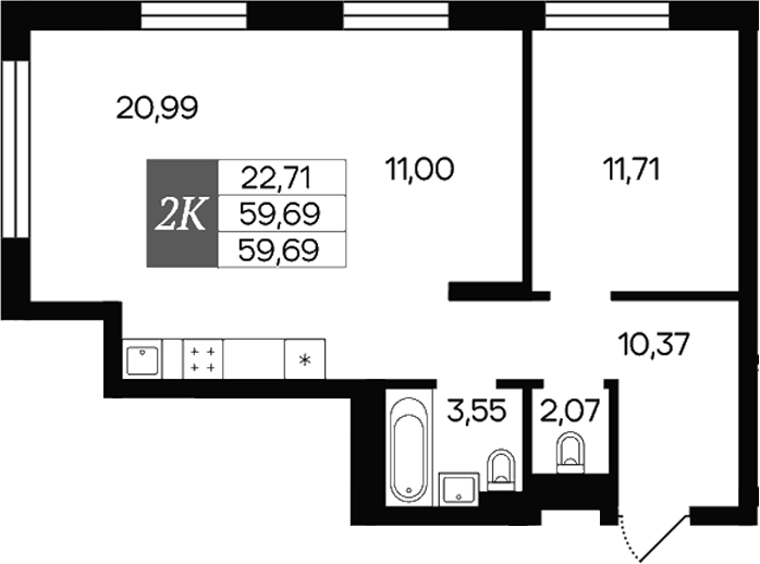 Планировка — Роза ветров, 2-комн., 60 м²
