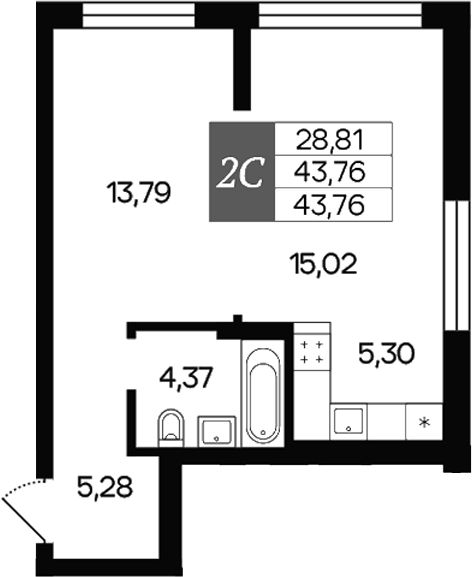 Планировка — Роза ветров, 2-комн., 44 м²