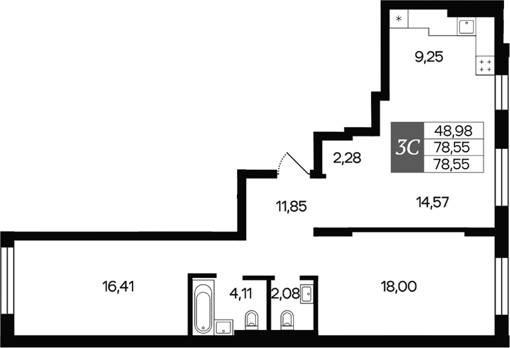 Планировка — Роза ветров, 3-комн., 79 м²