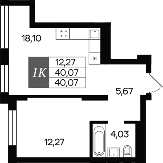 Планировка — Роза ветров, 1-комн., 40 м²
