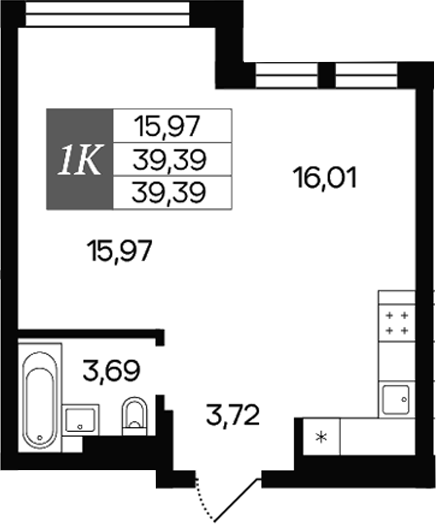 Планировка — Роза ветров, 1-комн., 39 м²