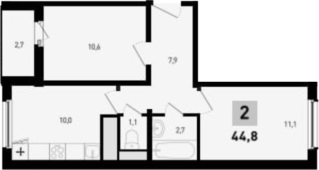 Планировка — 5 элемент Аске, 2-комн., 43 м²
