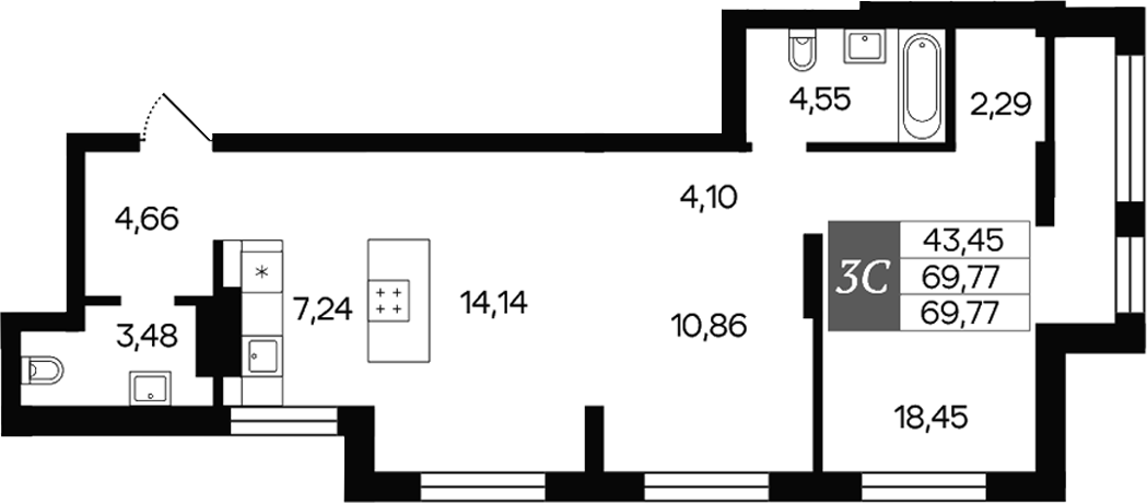 Планировка — Роза ветров, 3-комн., 70 м²