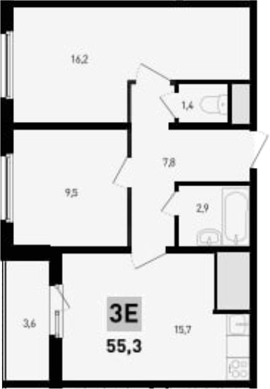 Планировка — 5 элемент Аске, 3-комн., 54 м²