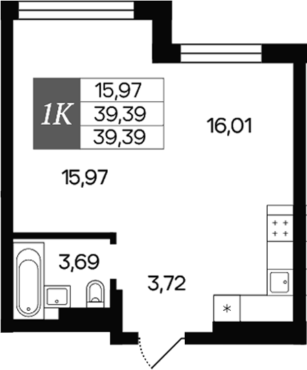 Планировка — Роза ветров, 1-комн., 39 м²