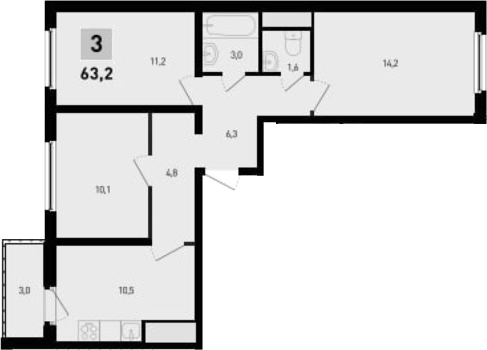 Планировка — 5 элемент Аске, 3-комн., 62 м²