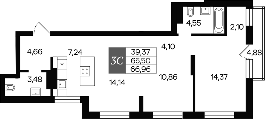 Планировка — Роза ветров, 3-комн., 66 м²