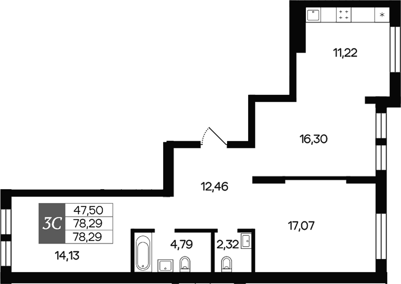 Планировка — Роза ветров, 3-комн., 78 м²