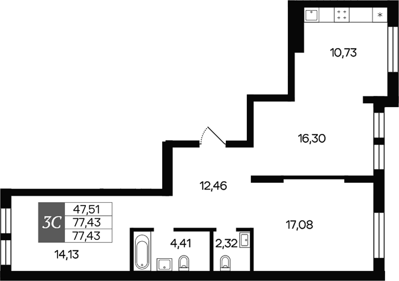 Планировка — Роза ветров, 3-комн., 77 м²