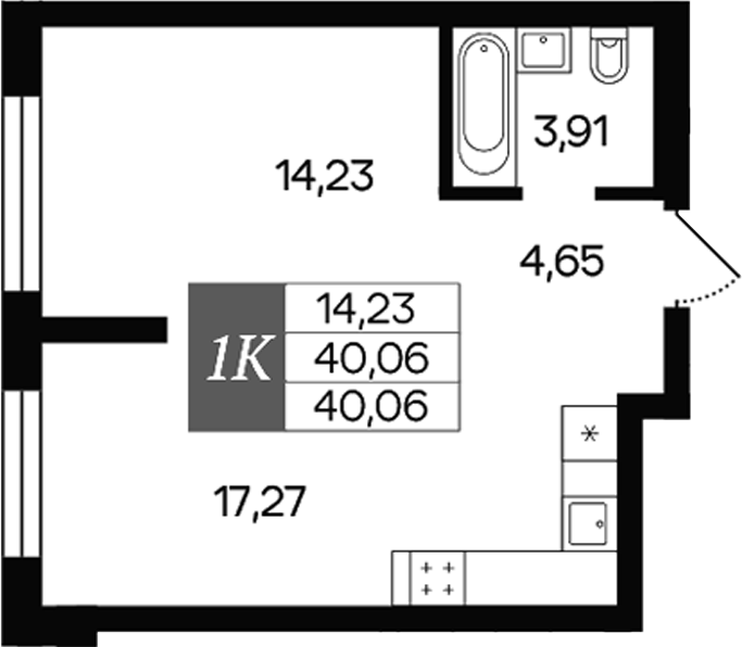 Планировка — Роза ветров, 1-комн., 40 м²