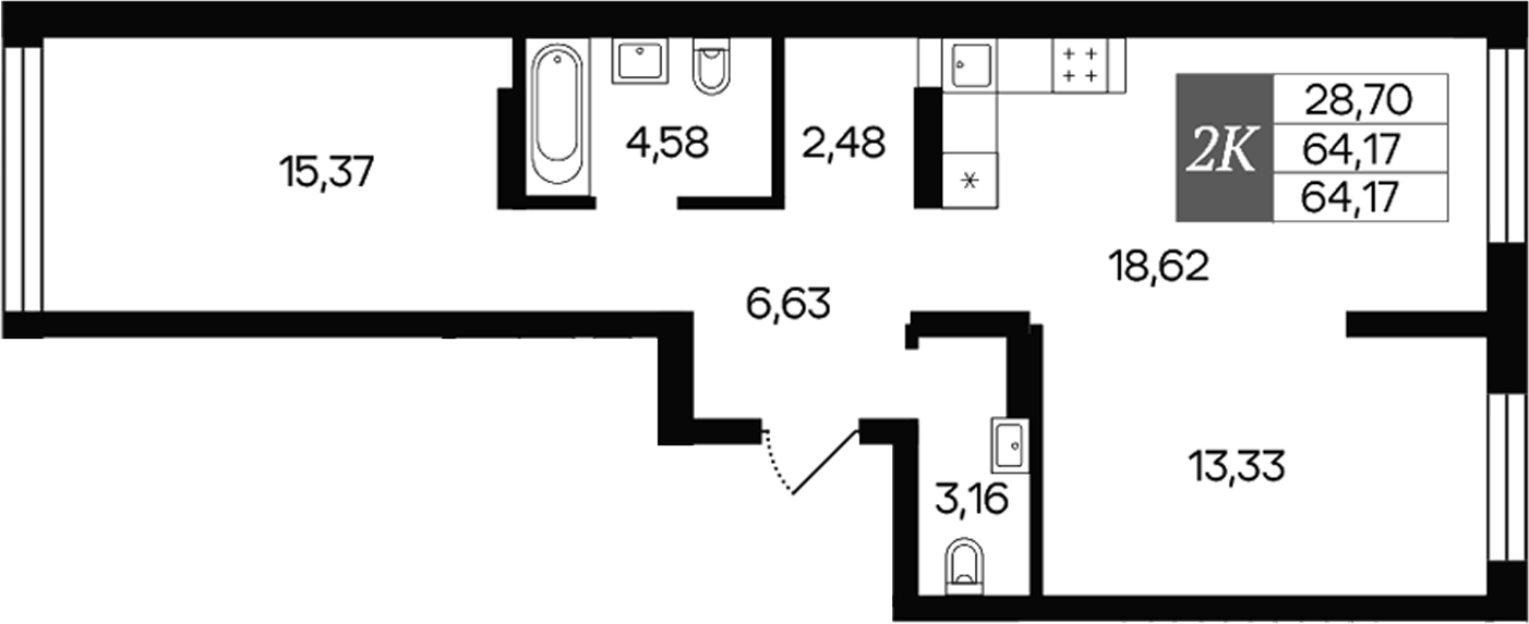 Планировка — Роза ветров, 2-комн., 64 м²