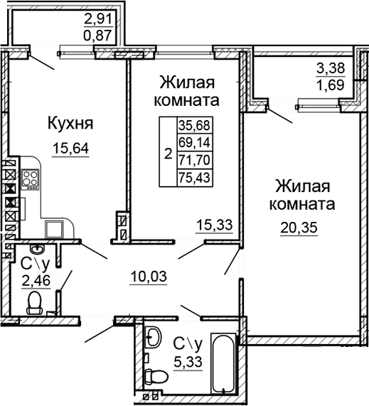 Планировка — Донской, 3-комн., 69 м²