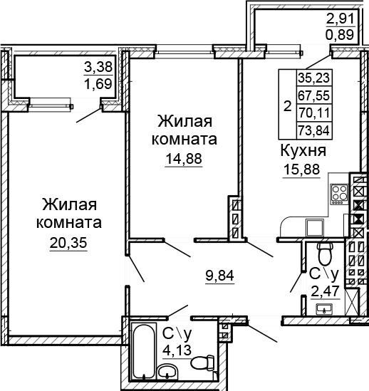Планировка — Донской, 2-комн., 68 м²