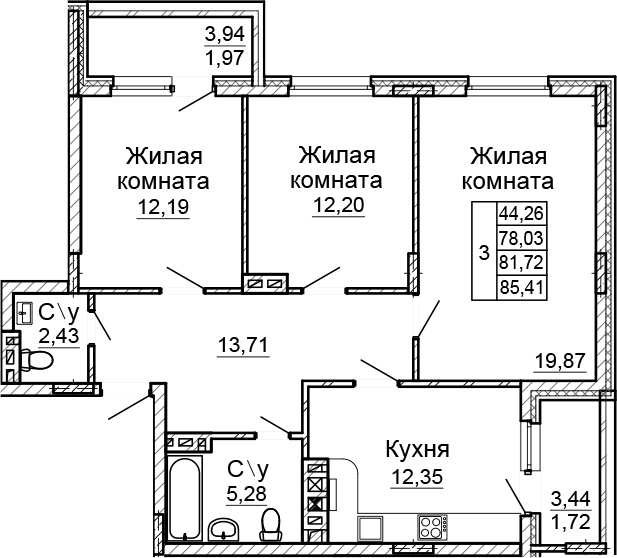 Планировка — Донской, 3-комн., 78 м²