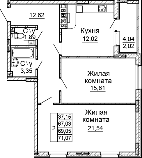 Планировка — Донской, 2-комн., 67 м²