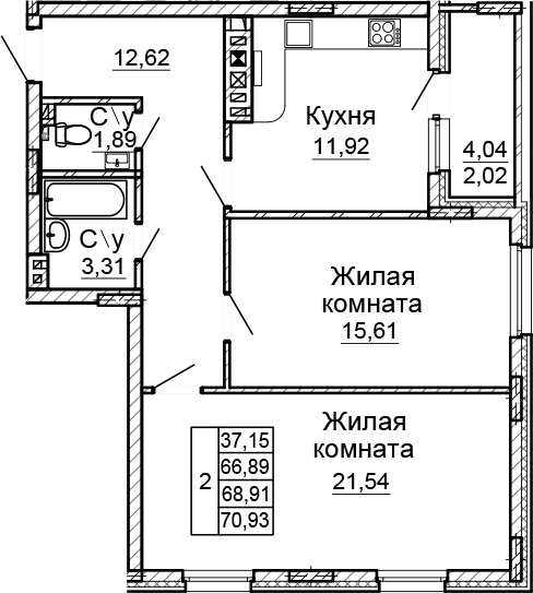 Планировка — Донской, 2-комн., 67 м²