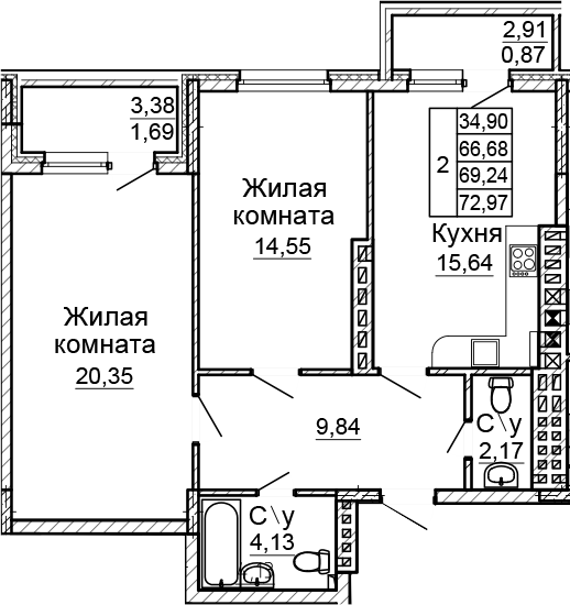 Планировка — Донской, 2-комн., 67 м²