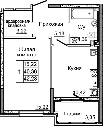 Планировка — Донской, 1-комн., 38 м²