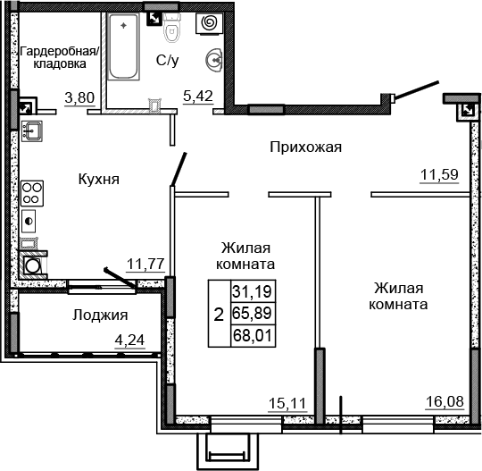 Планировка — Донской, 2-комн., 64 м²