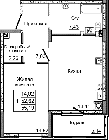 Планировка — Донской, 2-комн., 50 м²