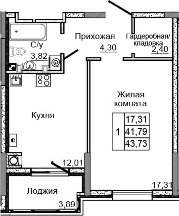 Планировка — Донской, 1-комн., 40 м²