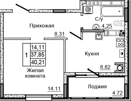 Планировка — Донской, 1-комн., 35 м²