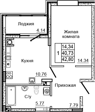 Планировка — Донской, 1-комн., 39 м²