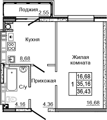 Планировка — Донской, 1-комн., 34 м²